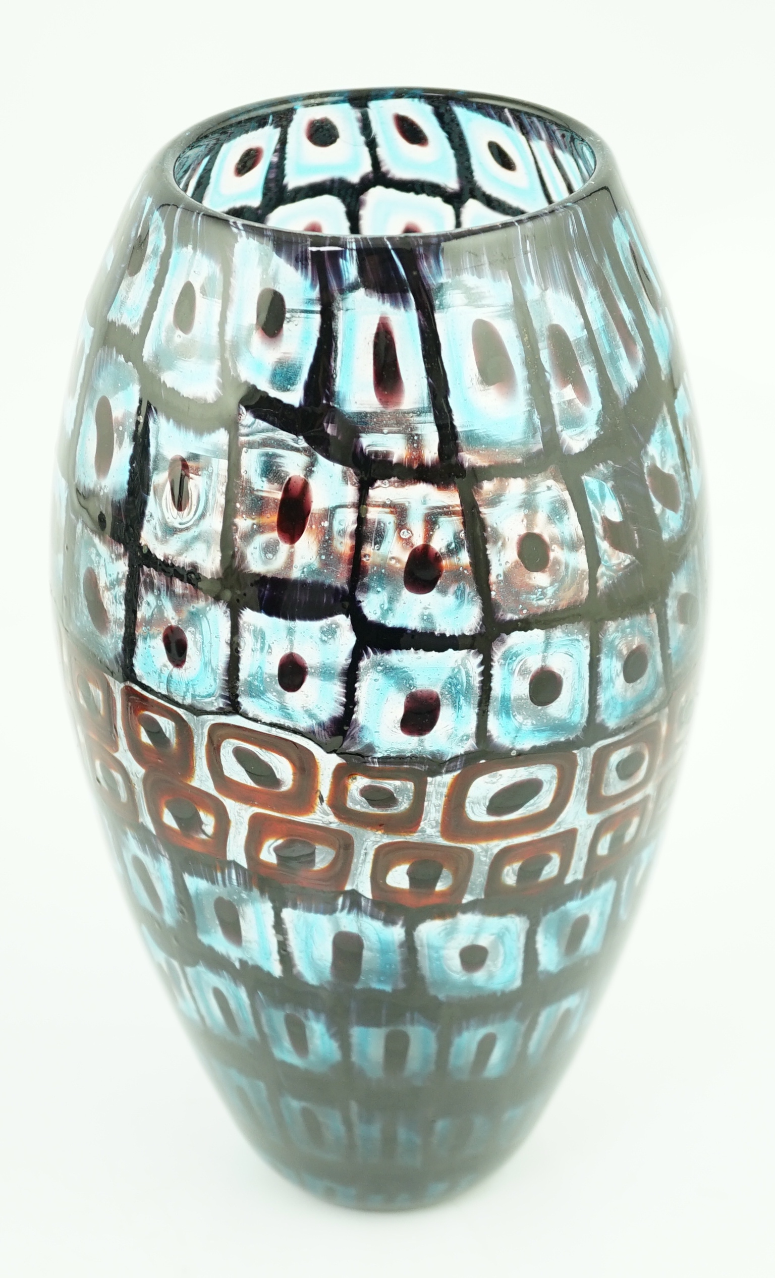 Vittorio Ferro (1932-2012) A Murano glass Murrine vase, ovoid shaped, with bands of squares in blue and red, unsigned, 29cm, Please note this lot attracts an additional import tax of 20% on the hammer price